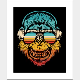 Gorilla headphones music vintage retro colors sunglasses Posters and Art